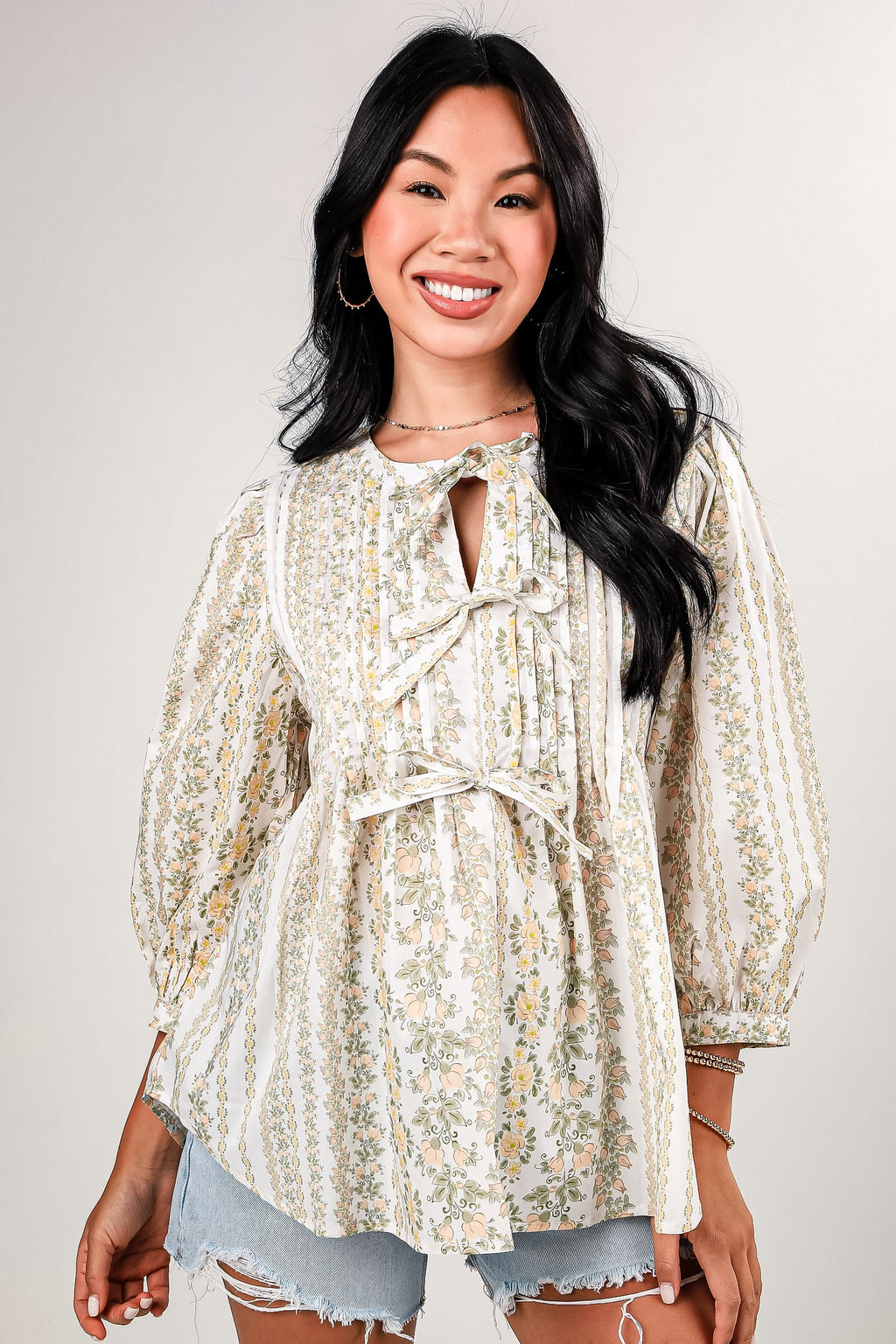 At The Right Time Off White Floral Tie Blouse