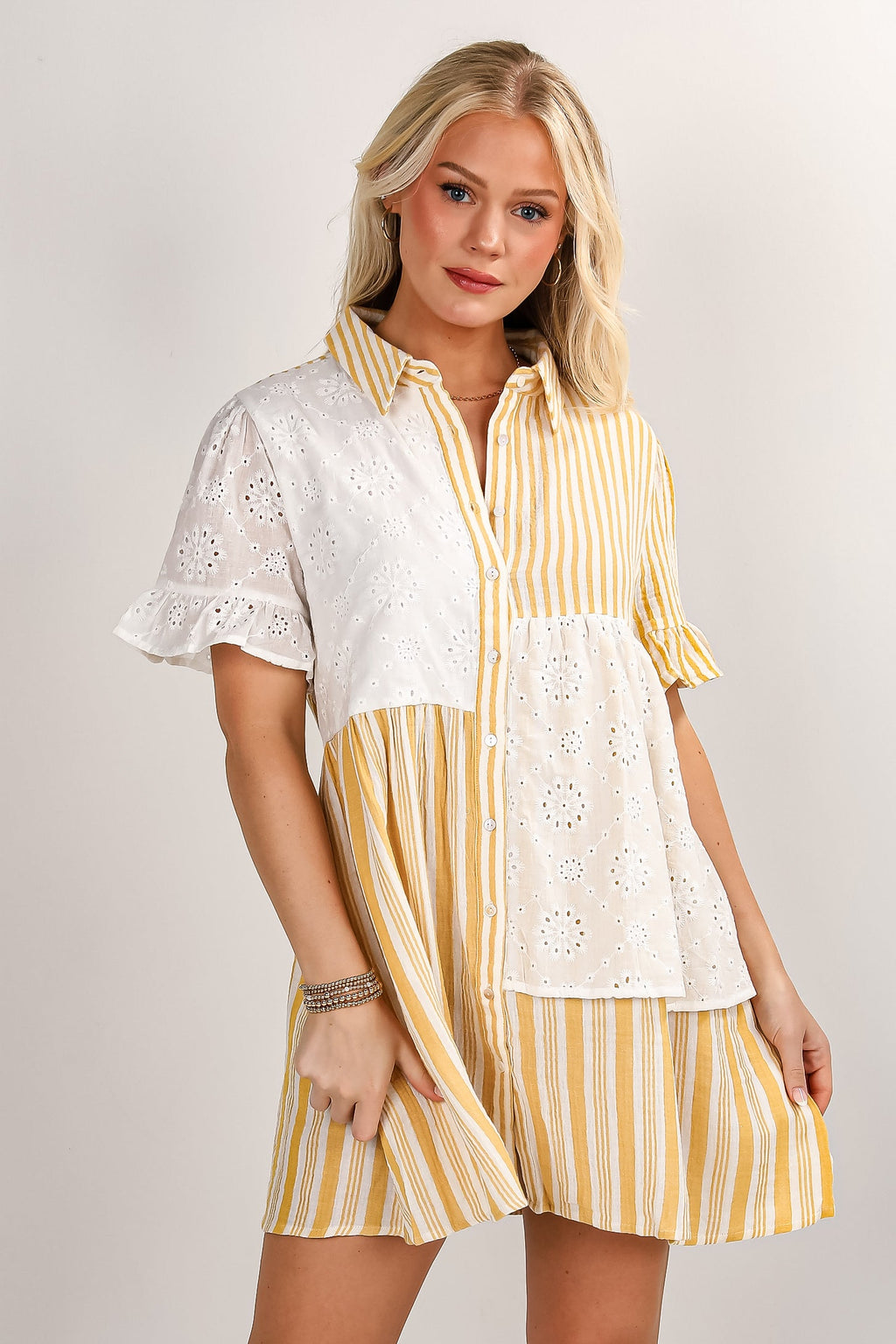 Certainly True Yellow Striped Eyelet Mini Dress - DU DEAL