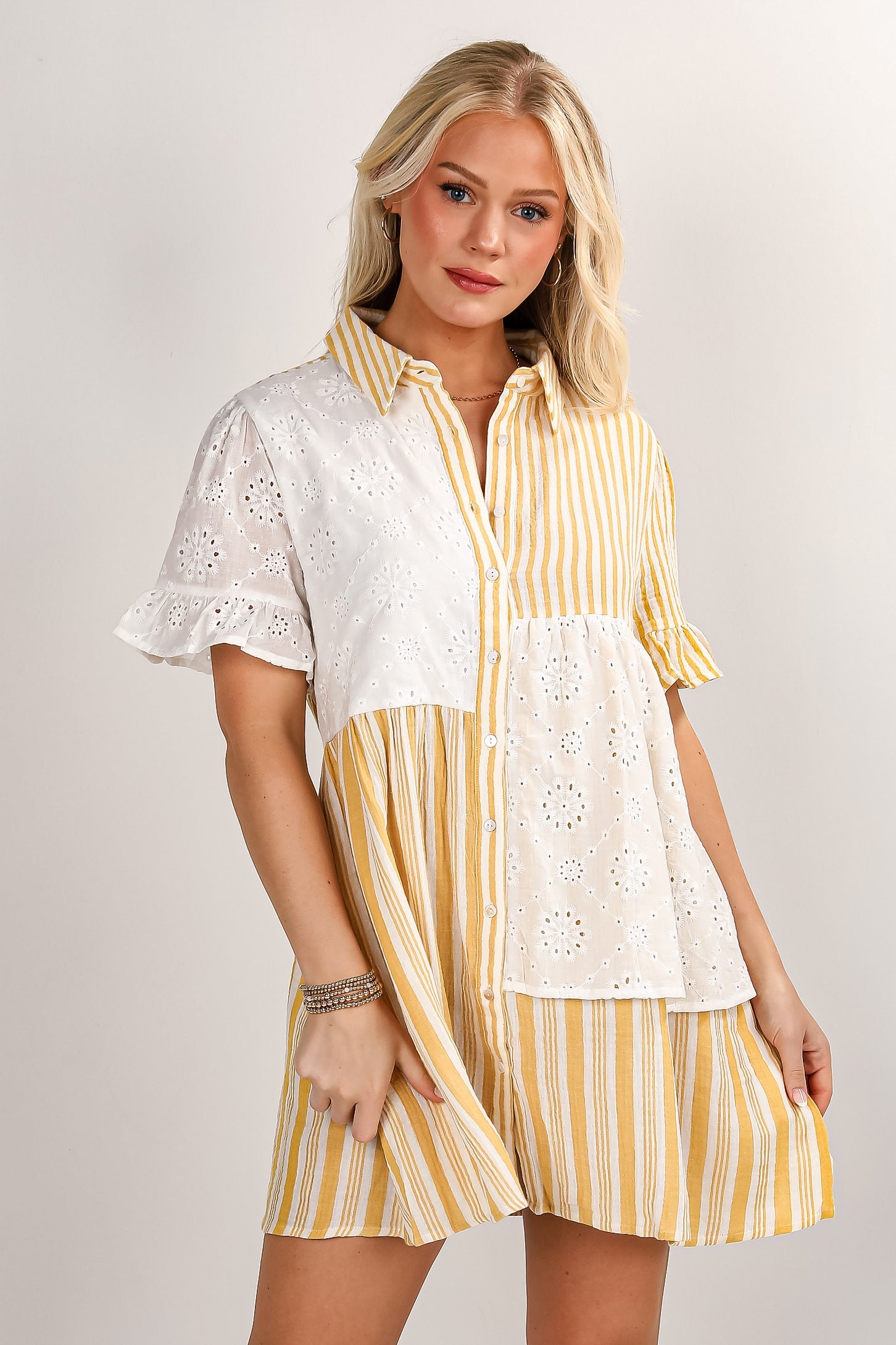 Certainly True Yellow Striped Eyelet Mini Dress - DU DEAL