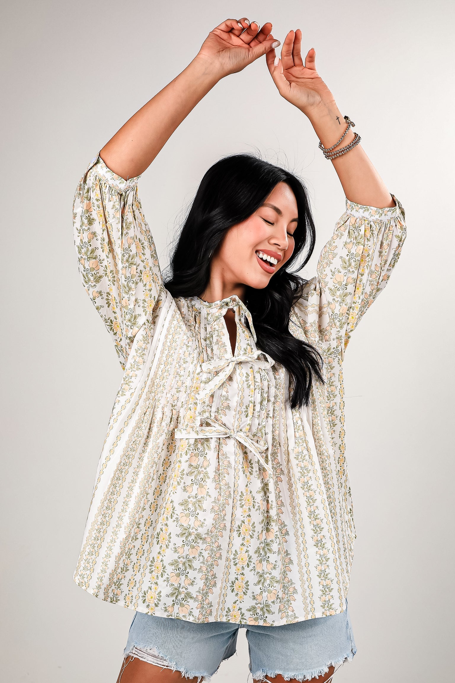 At The Right Time Off White Floral Tie Blouse
