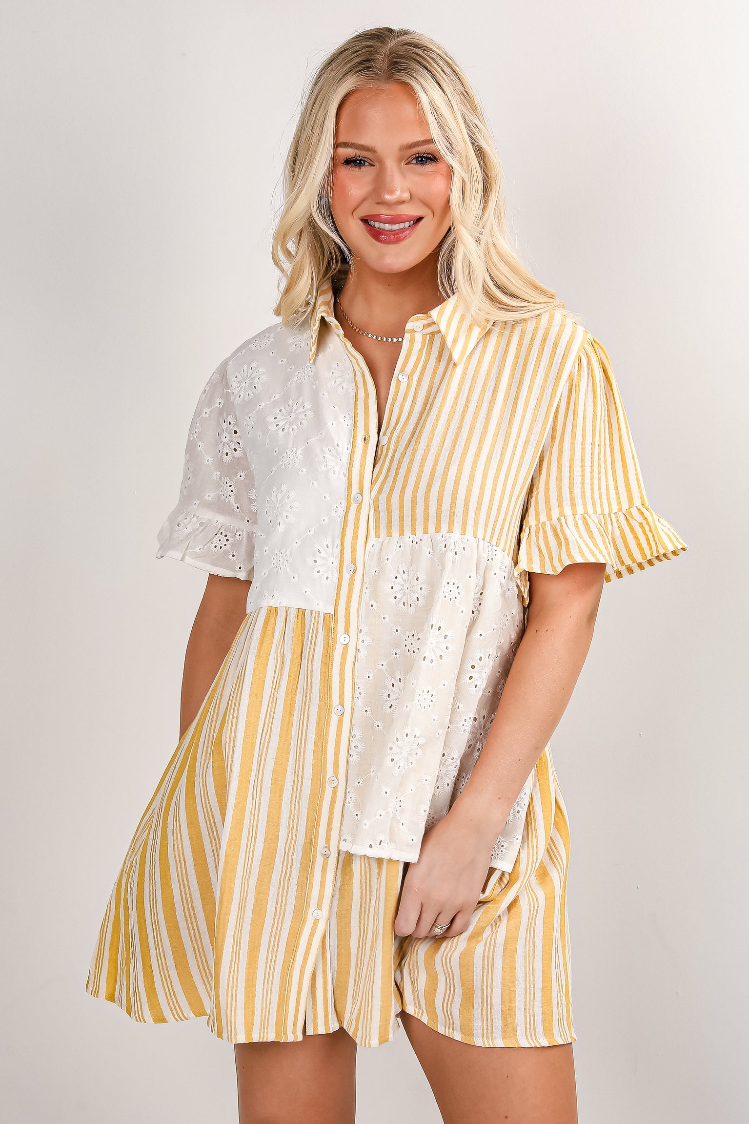Certainly True Yellow Striped Eyelet Mini Dress - DU DEAL