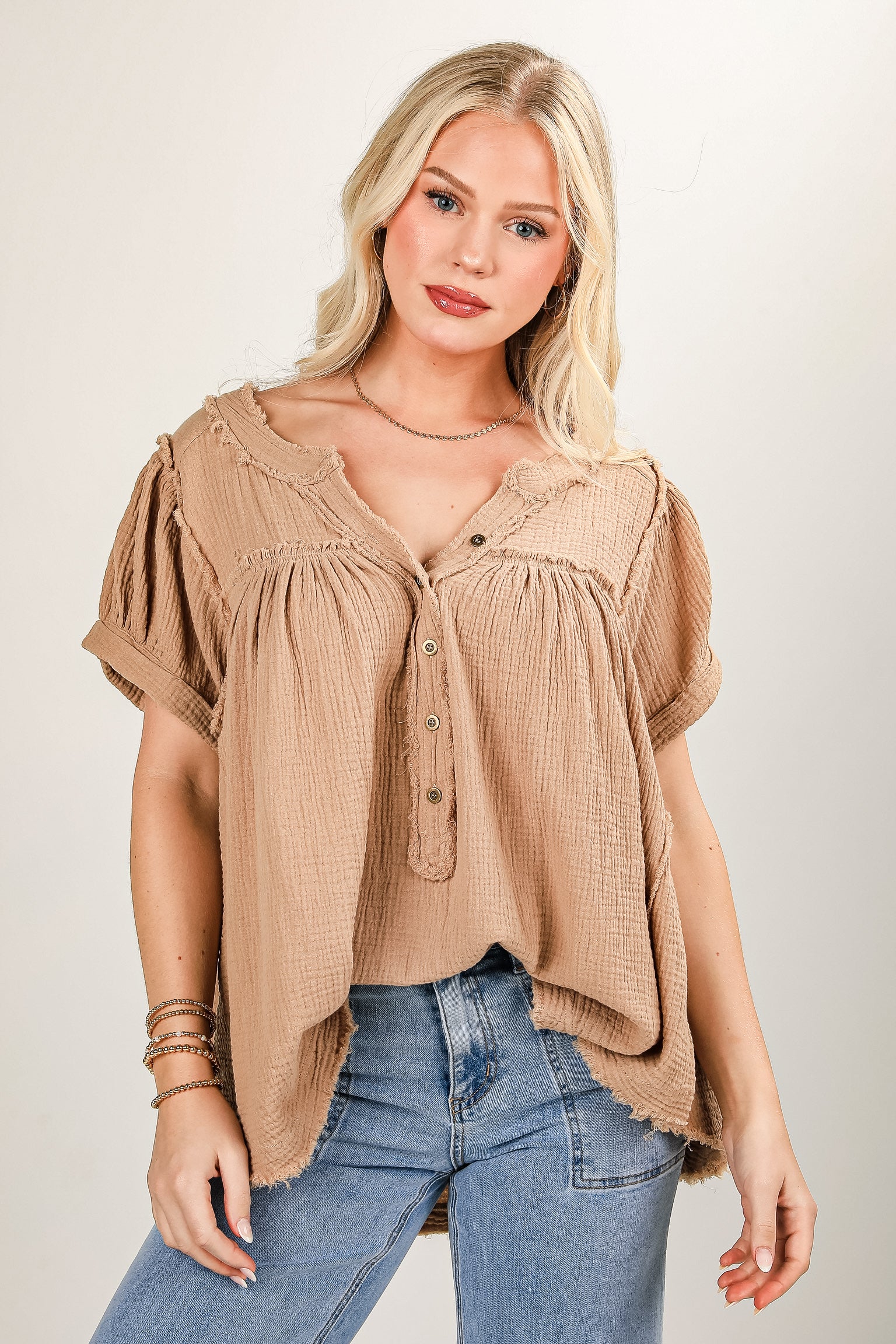 Continued Joy Taupe Linen Blouse