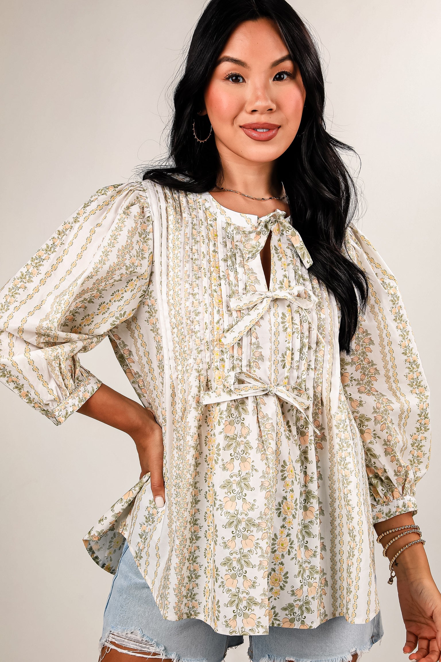 At The Right Time Off White Floral Tie Blouse