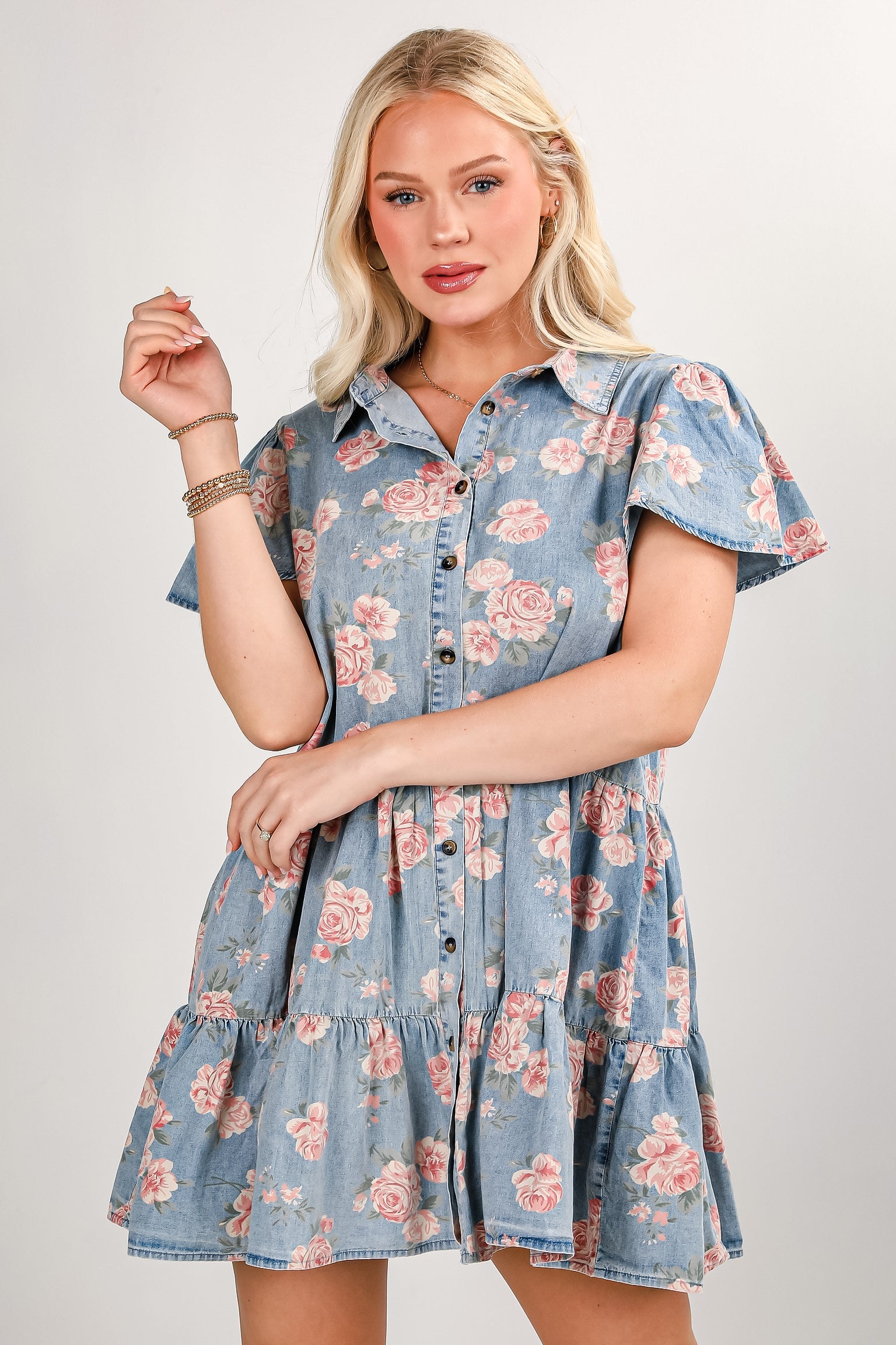 Believe In Yourself Floral Denim Tiered Mini Dress