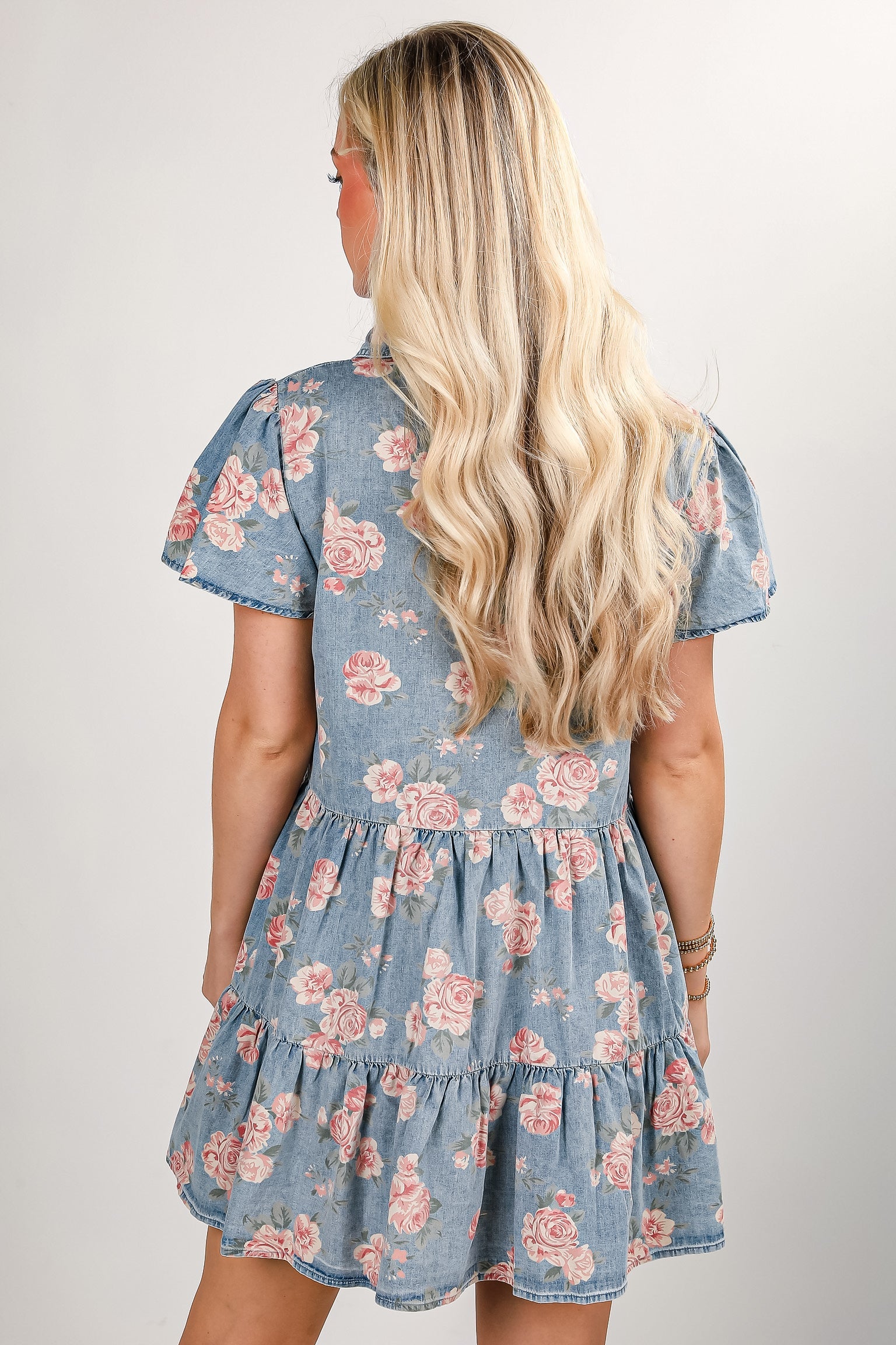 Believe In Yourself Floral Denim Tiered Mini Dress