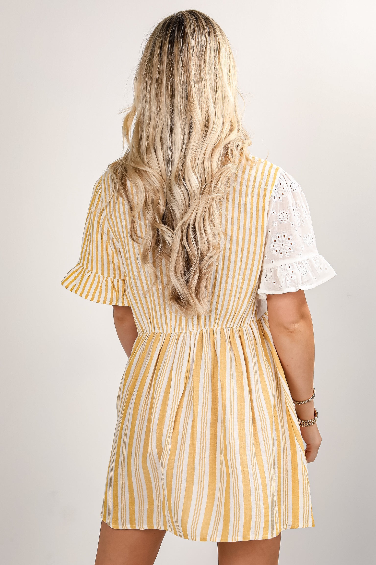 Certainly True Yellow Striped Eyelet Mini Dress - DU DEAL