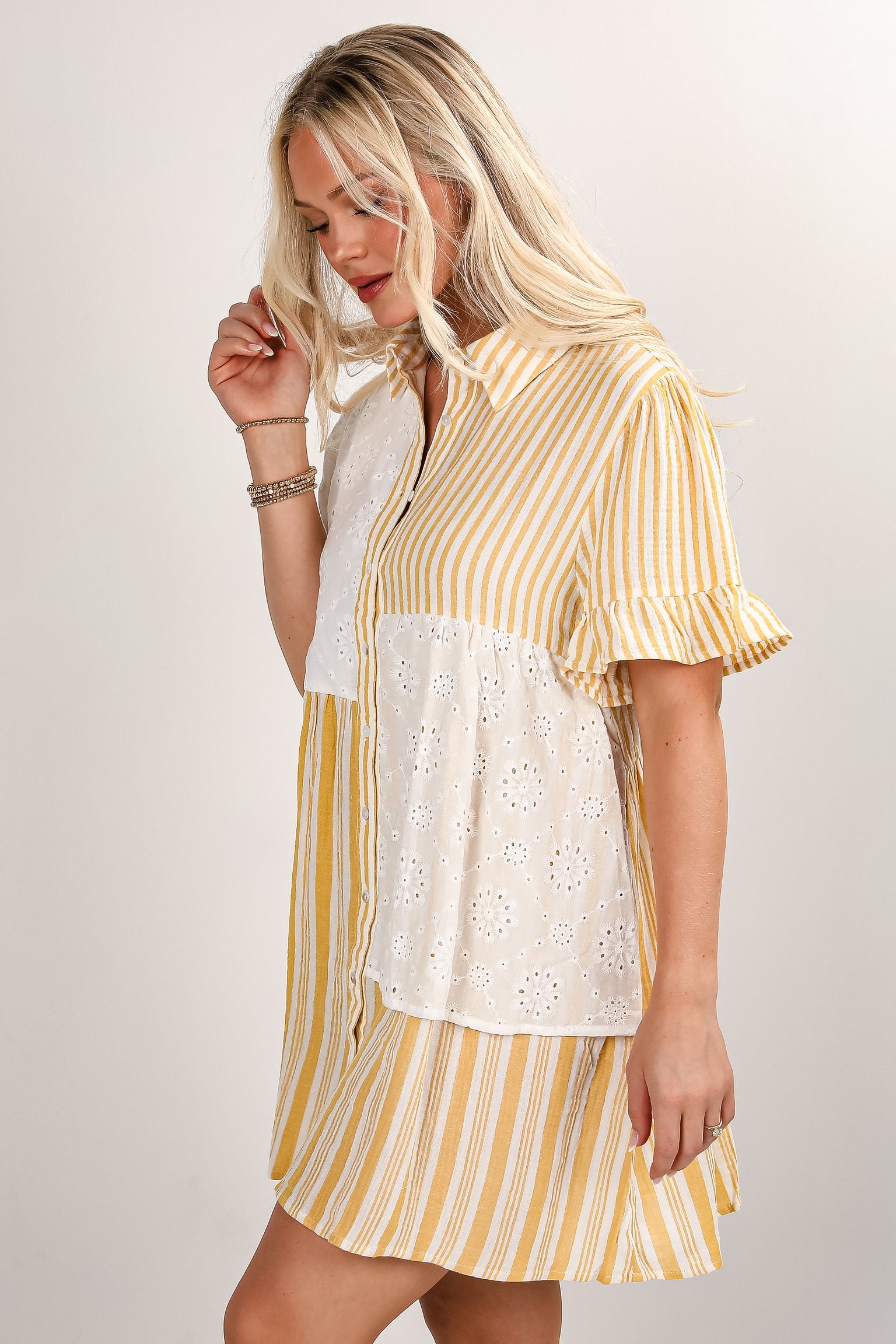 Certainly True Yellow Striped Eyelet Mini Dress - DU DEAL