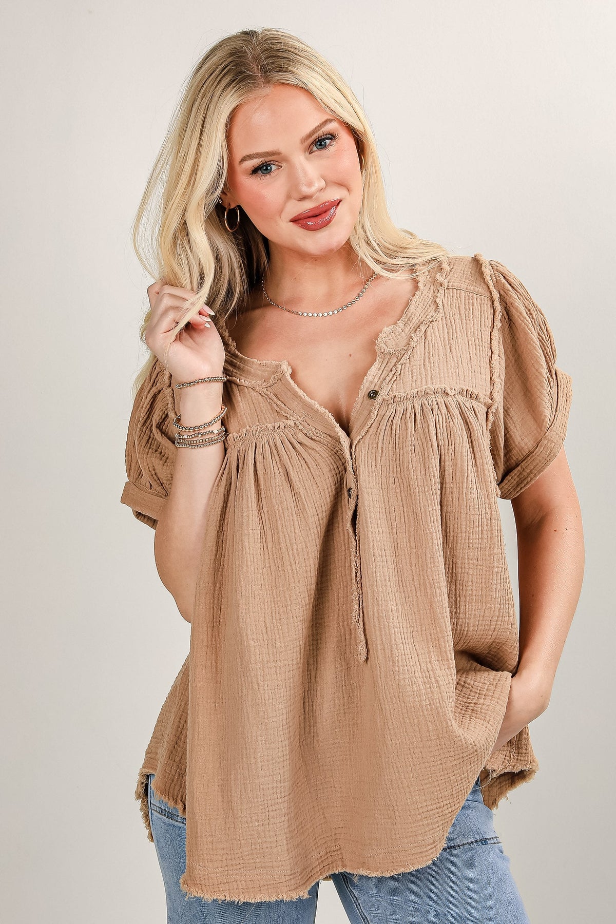 Continued Joy Taupe Linen Blouse