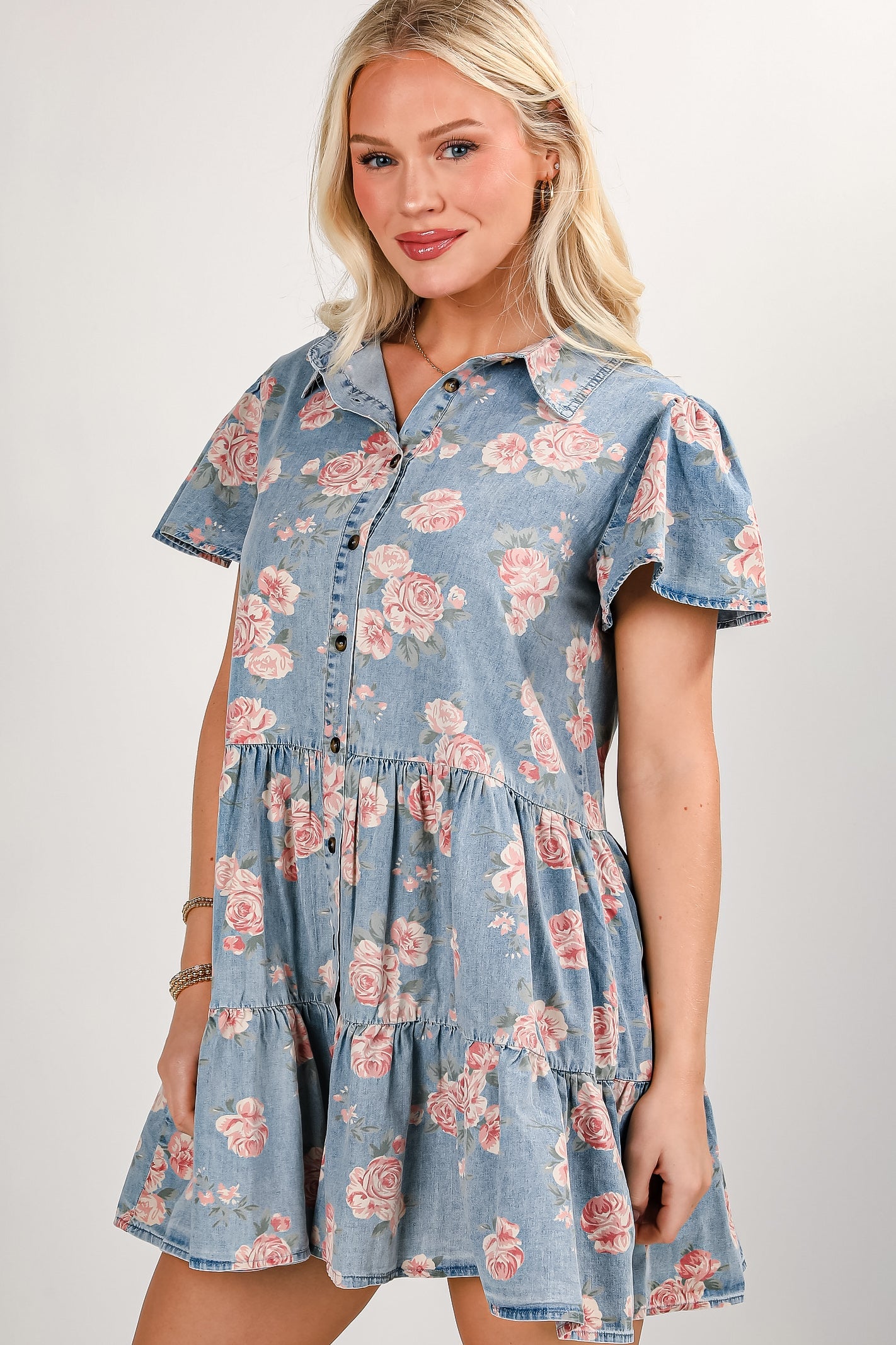 Believe In Yourself Floral Denim Tiered Mini Dress