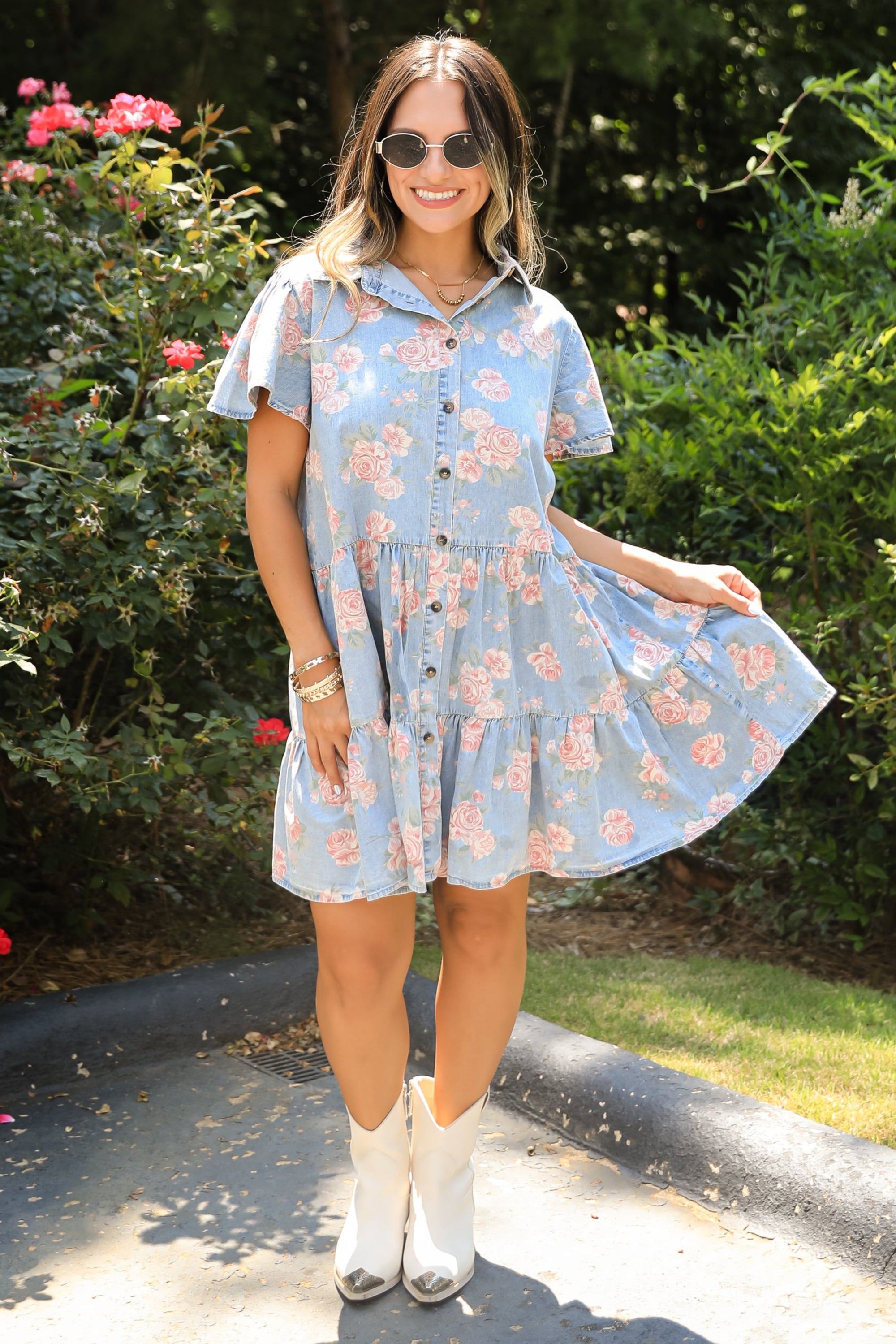Believe In Yourself Floral Denim Tiered Mini Dress