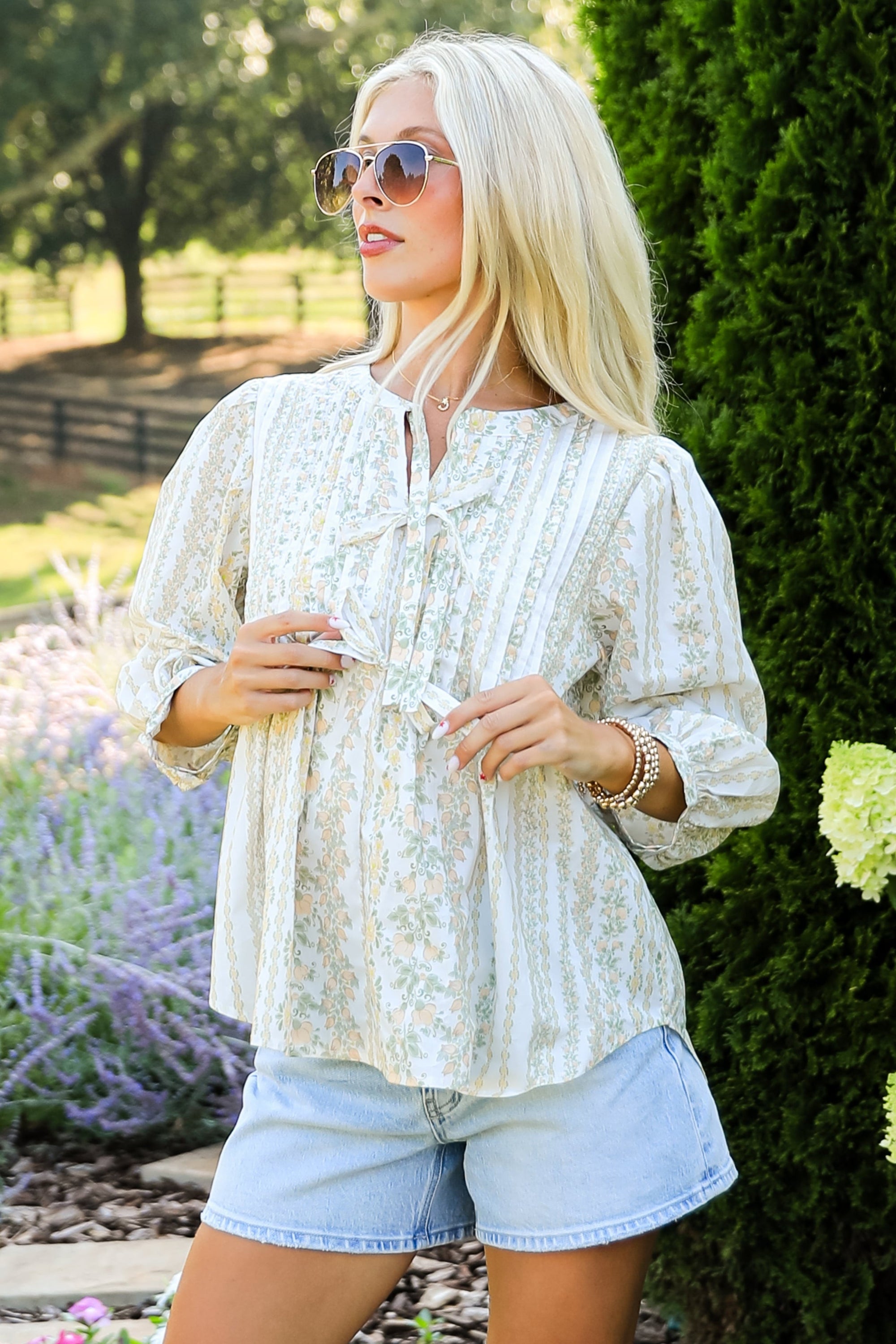 At The Right Time Off White Floral Tie Blouse