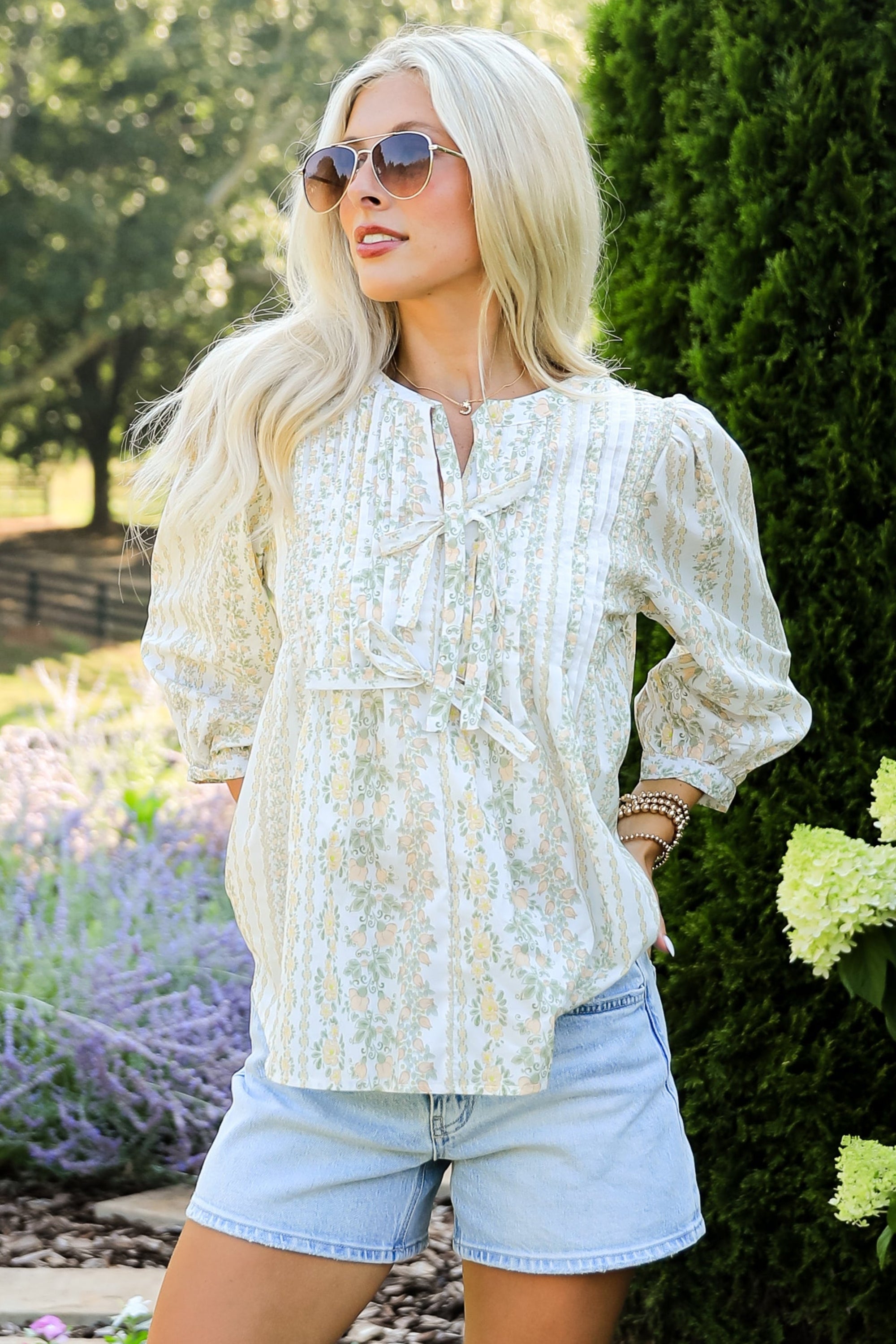 At The Right Time Off White Floral Tie Blouse