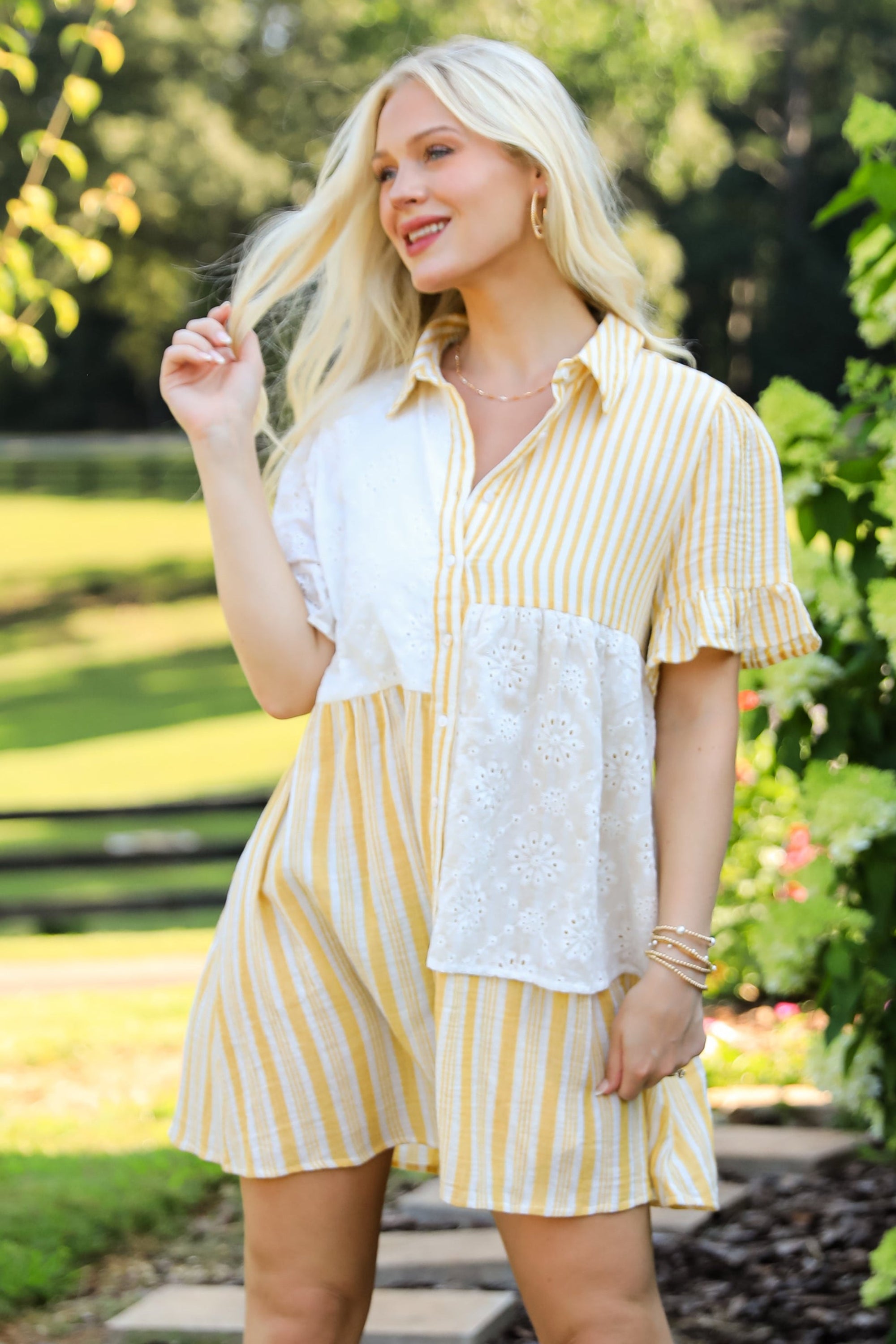 Certainly True Yellow Striped Eyelet Mini Dress - DU DEAL