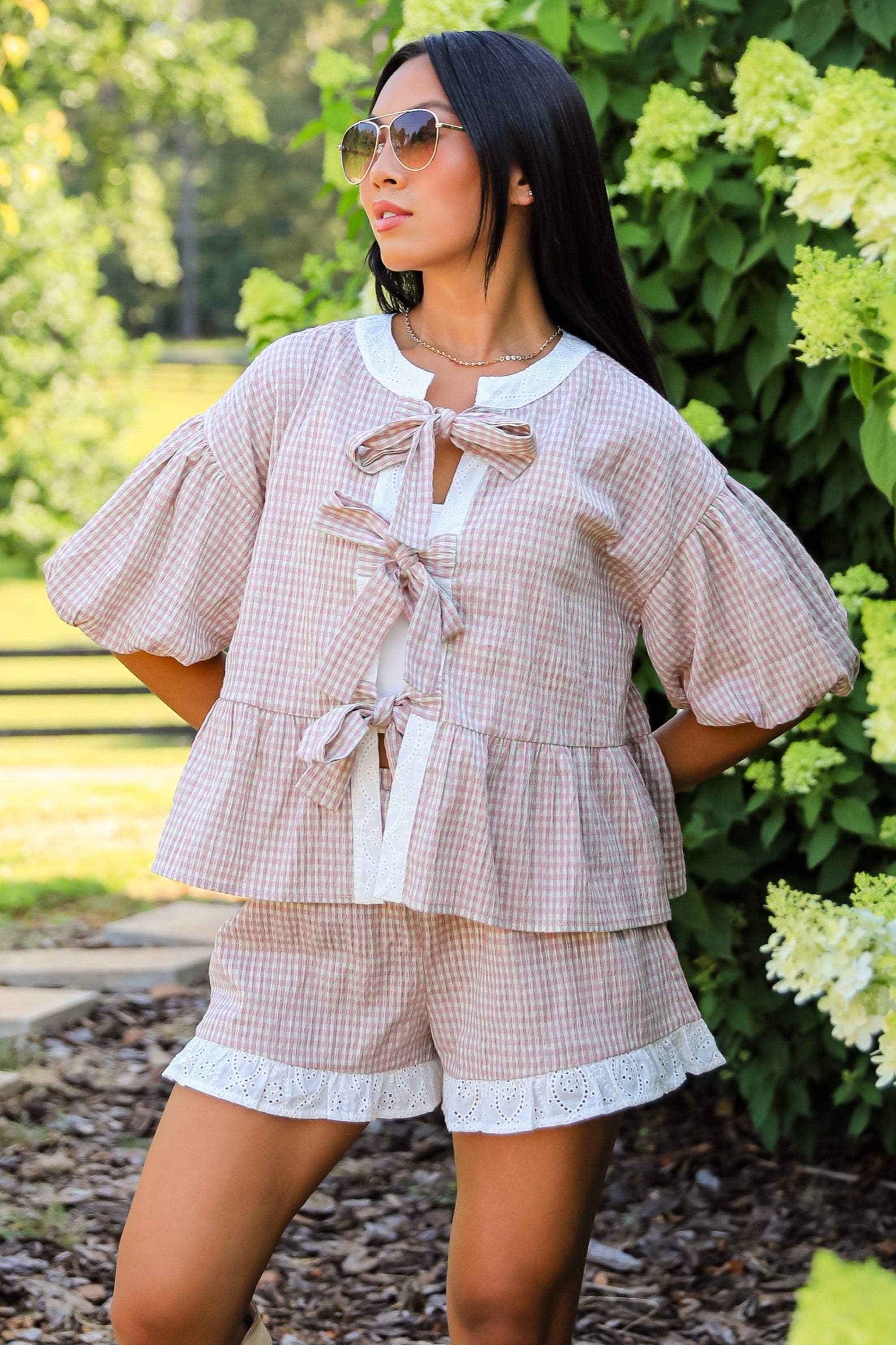 Show You The Way Mauve Gingham Tie Blouse - DU DEAL