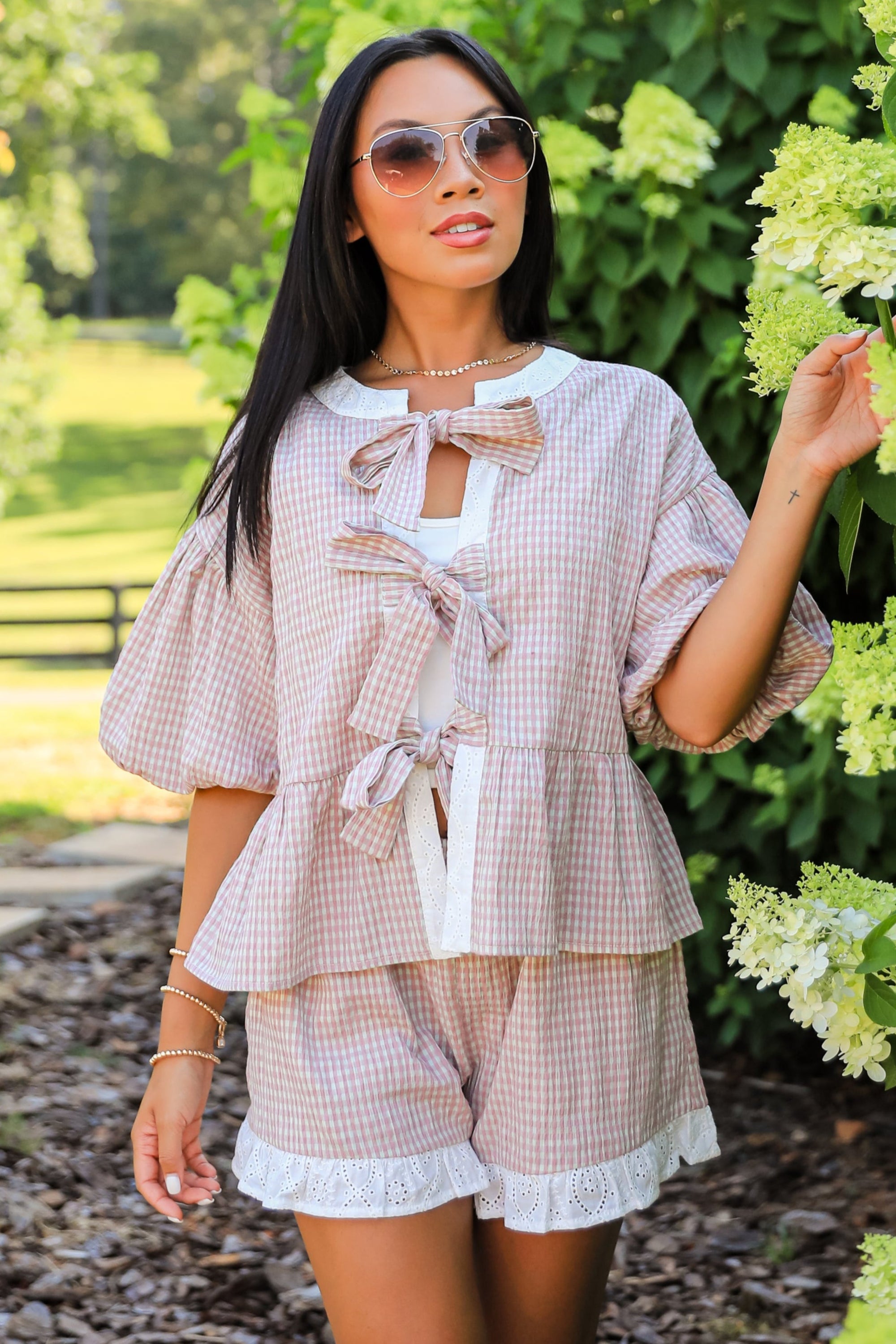 Show You The Way Mauve Gingham Tie Blouse - DU DEAL