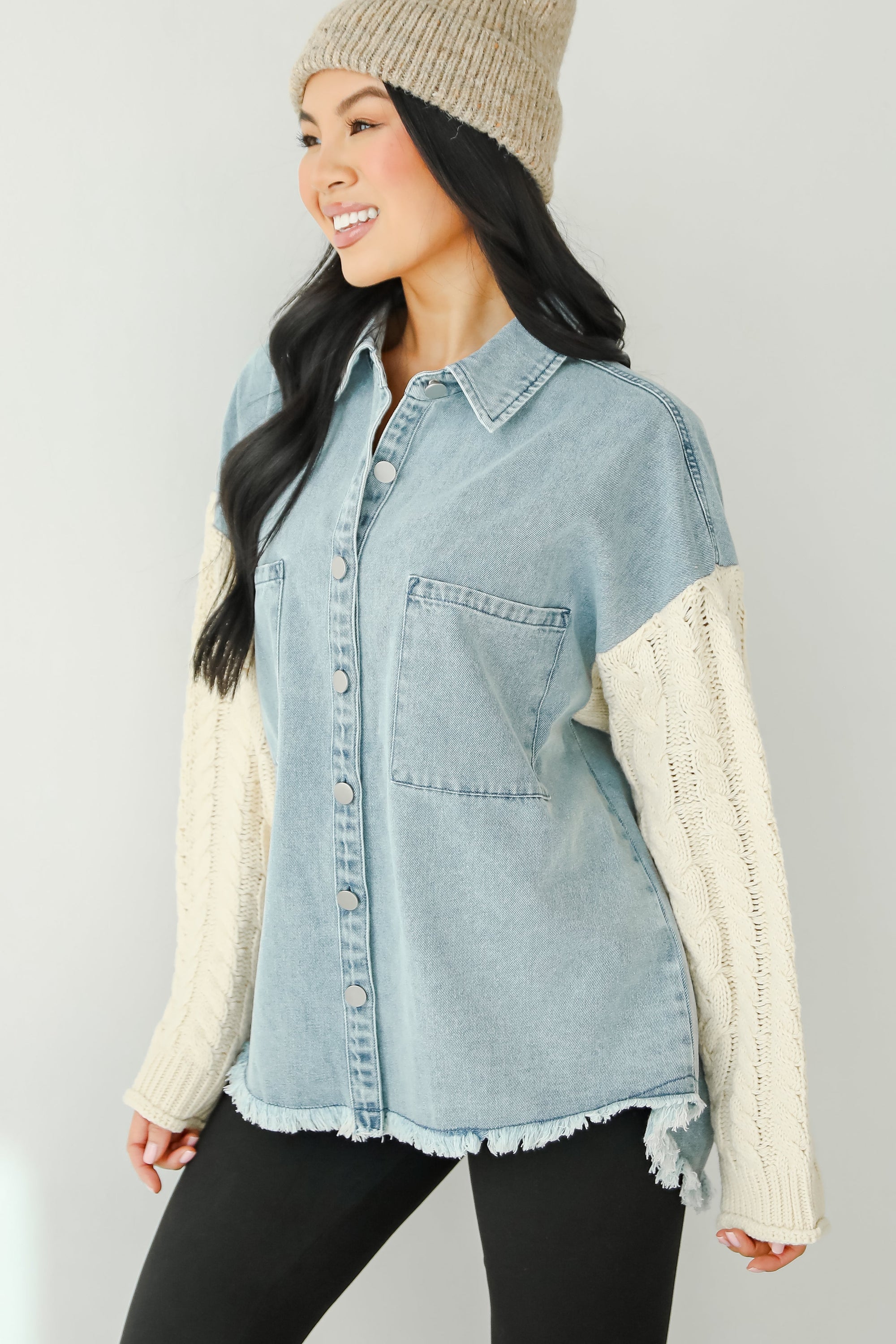 FINAL SALE - Bundled Perfection Denim Cable Knit Sleeve Shacket