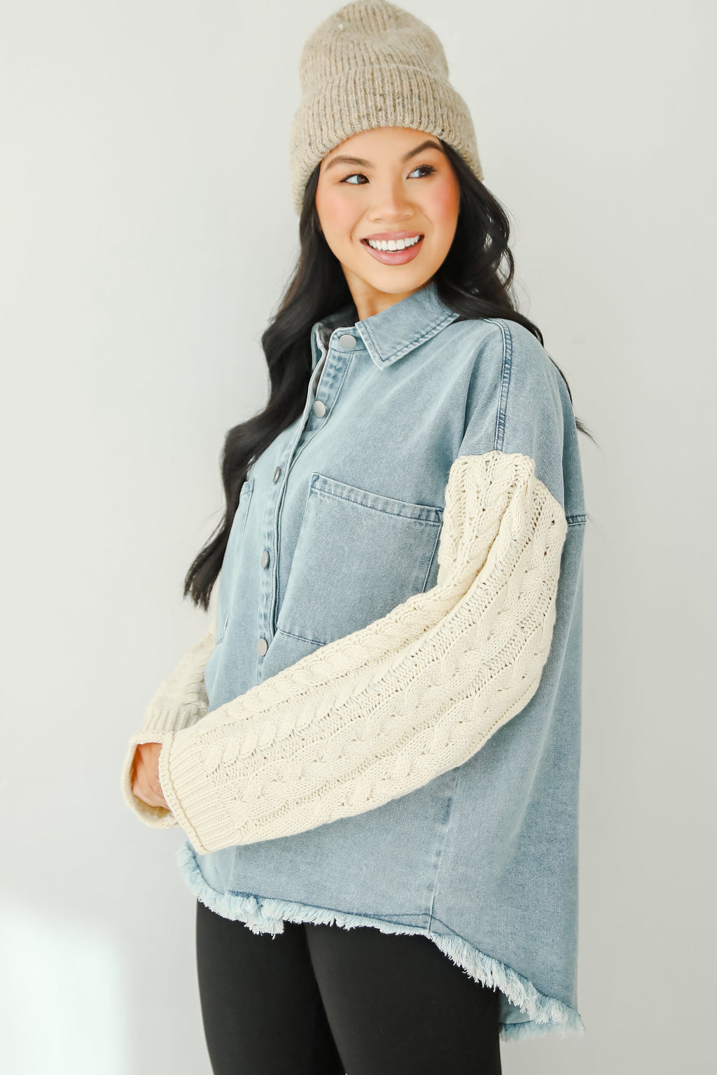 FINAL SALE - Bundled Perfection Denim Cable Knit Sleeve Shacket