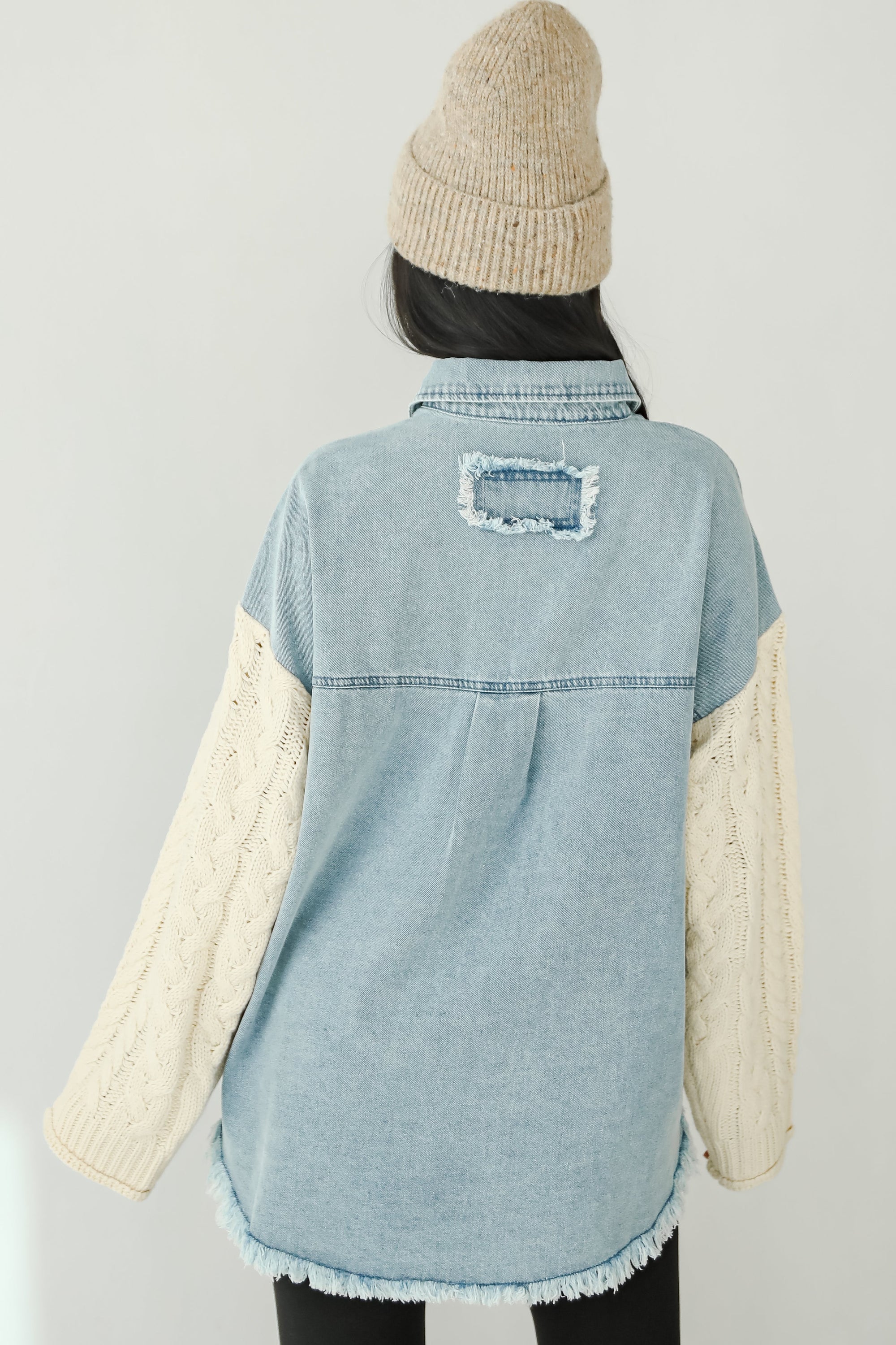 FINAL SALE - Bundled Perfection Denim Cable Knit Sleeve Shacket