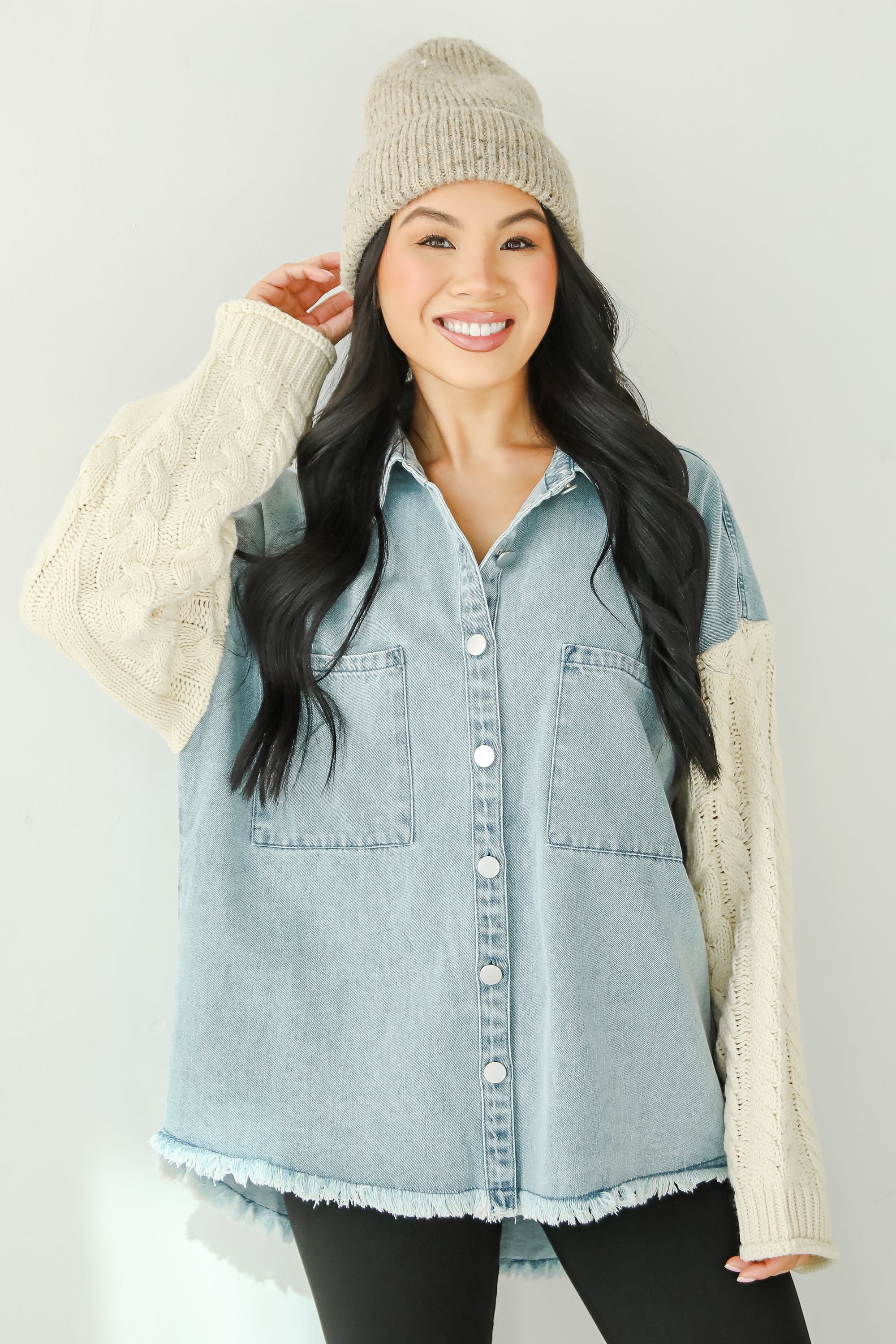 FINAL SALE - Bundled Perfection Denim Cable Knit Sleeve Shacket