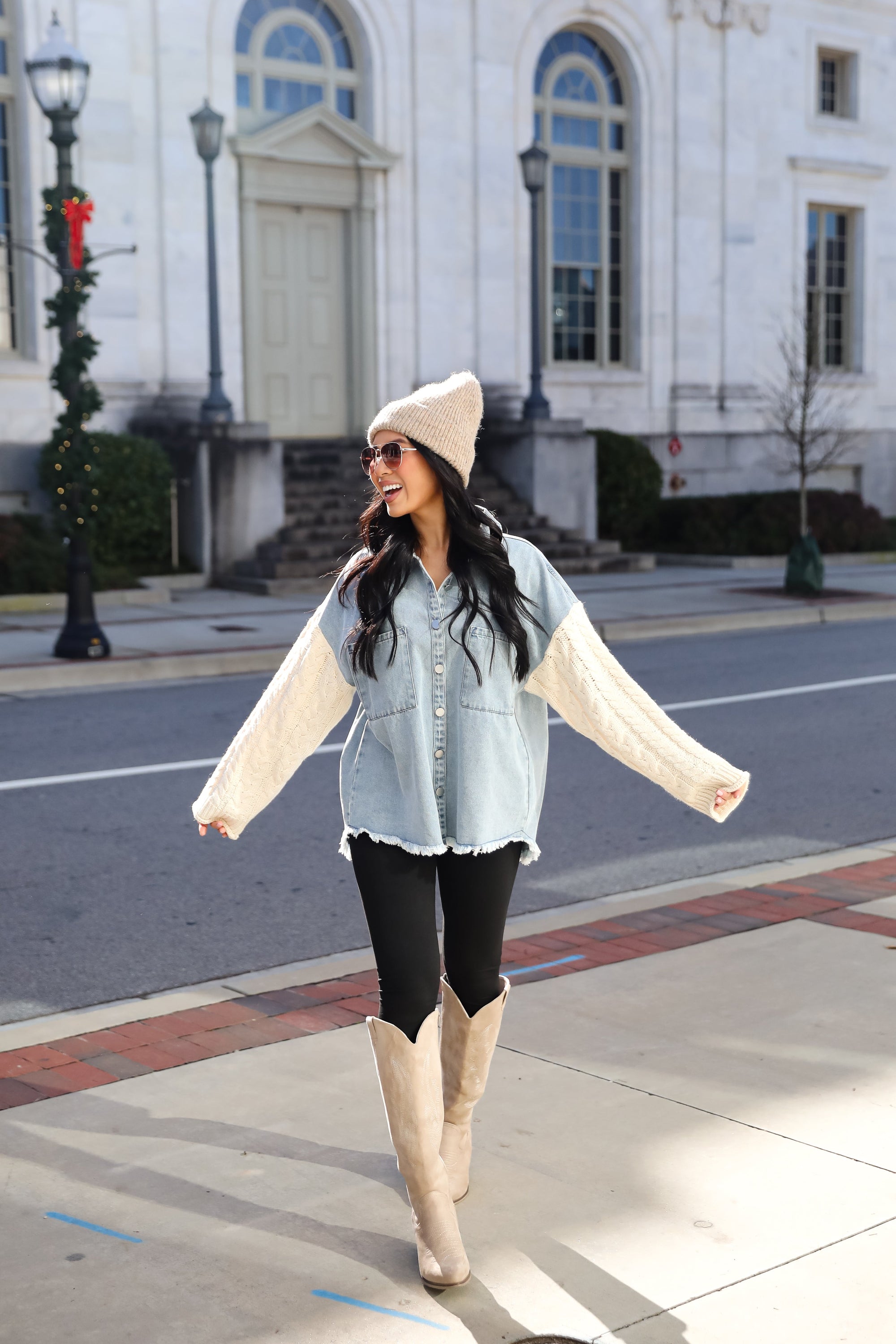 FINAL SALE - Bundled Perfection Denim Cable Knit Sleeve Shacket