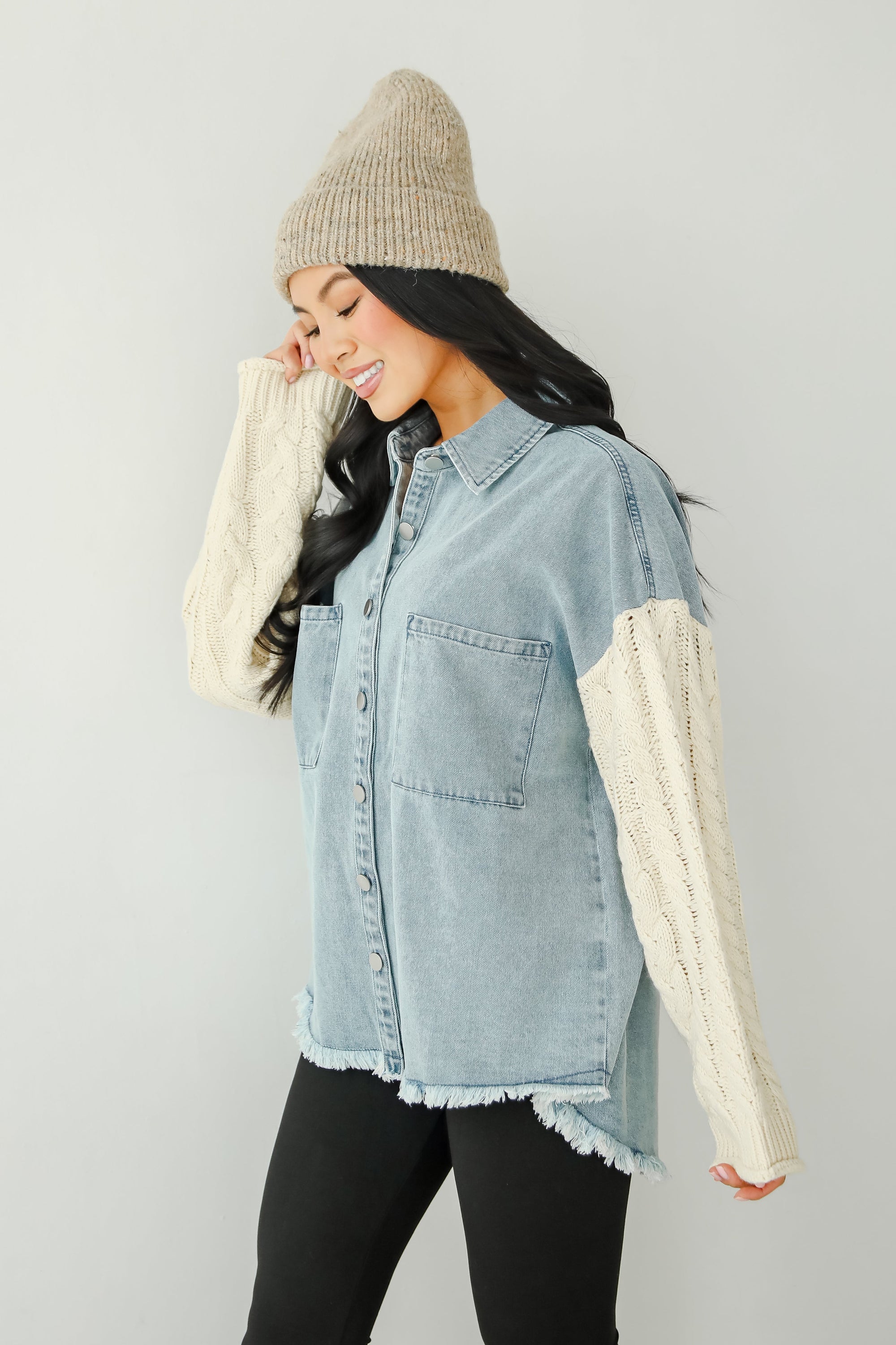 FINAL SALE - Bundled Perfection Denim Cable Knit Sleeve Shacket