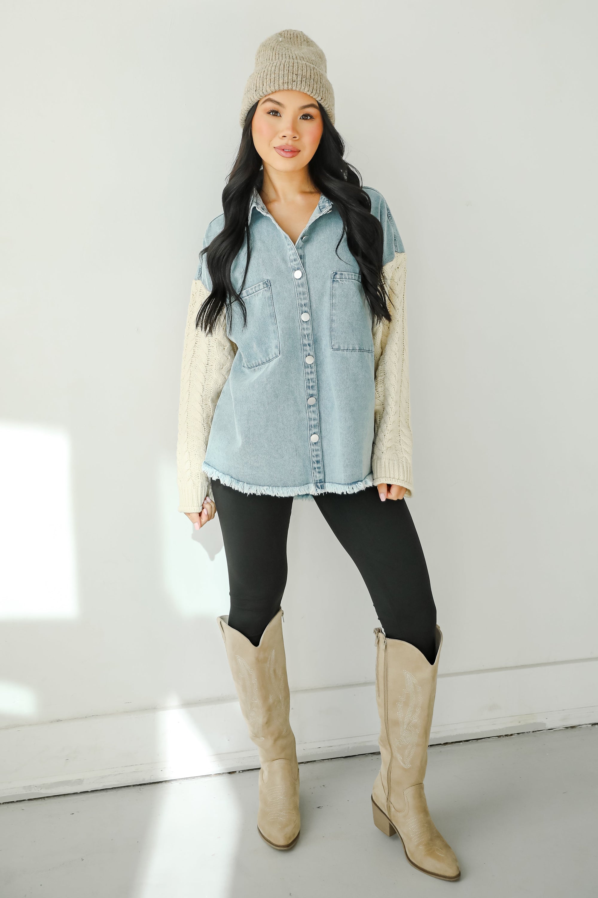 FINAL SALE - Bundled Perfection Denim Cable Knit Sleeve Shacket