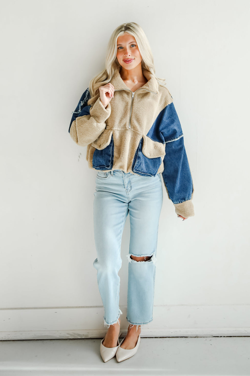 FINAL SALE - Nearest And Dearest Taupe Teddy Denim Quarter Zip Pullover