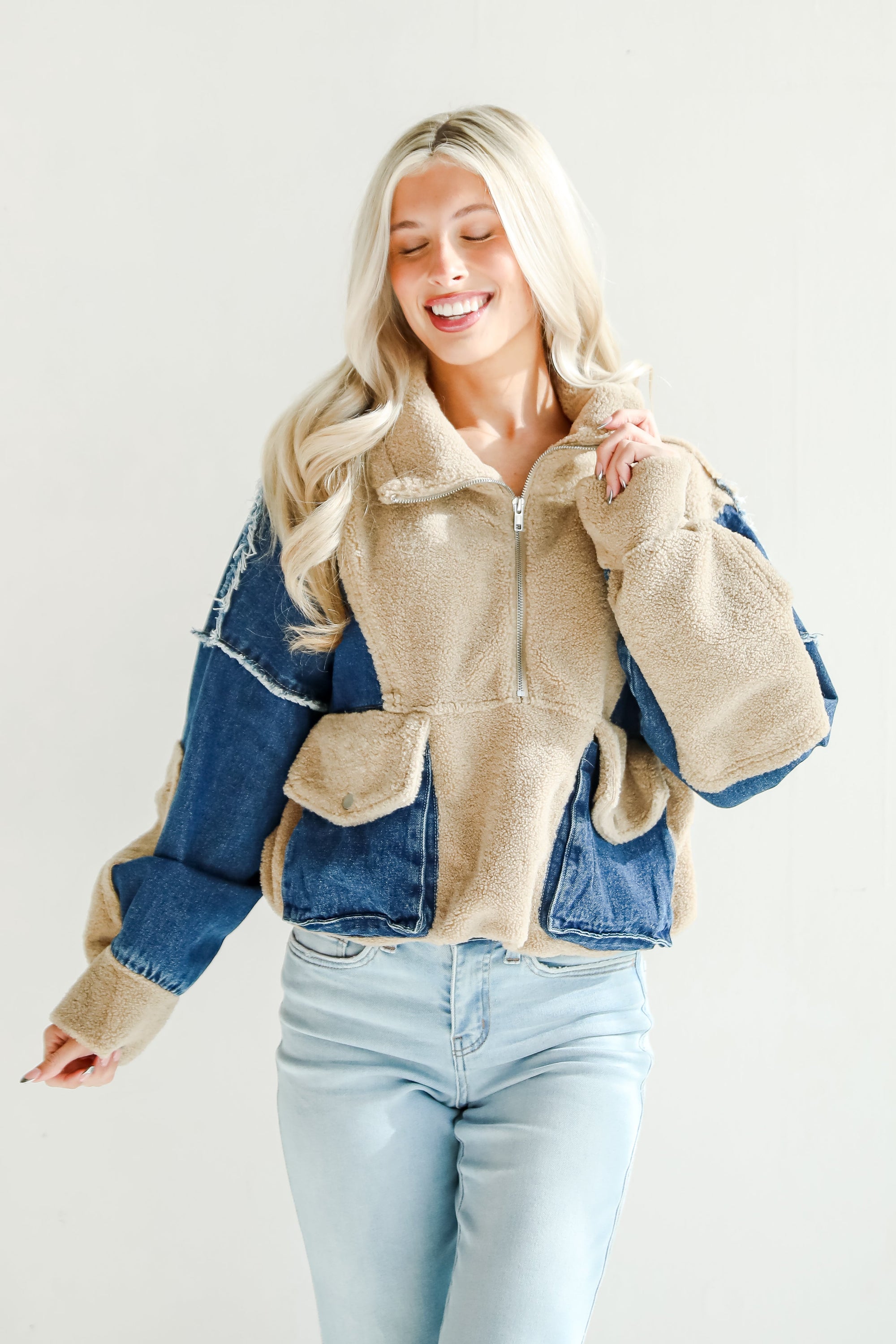 FINAL SALE - Nearest And Dearest Taupe Teddy Denim Quarter Zip Pullover