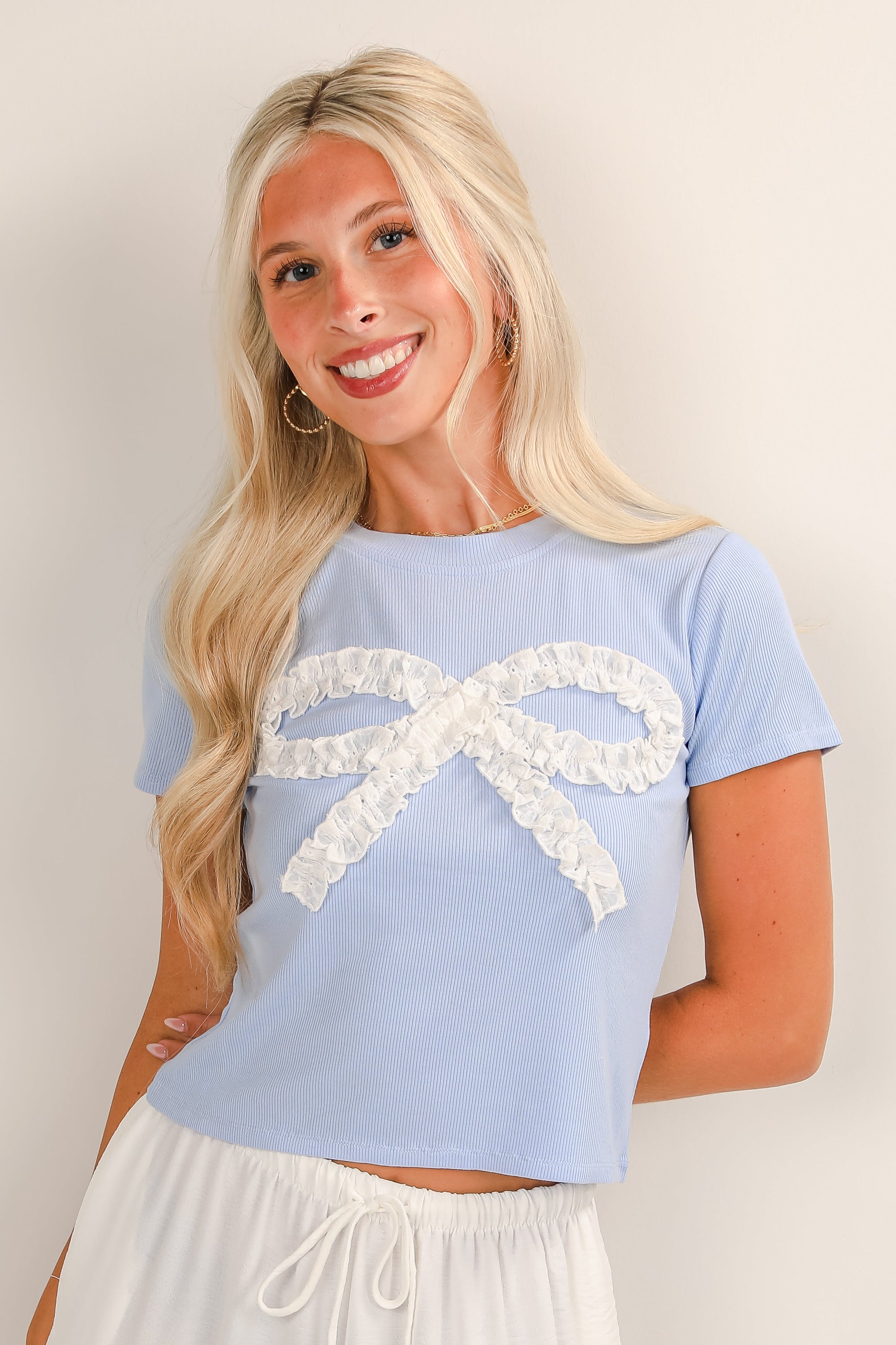 Oh So Dainty Light Blue Eyelet Lace Bow Tee - DU DEAL