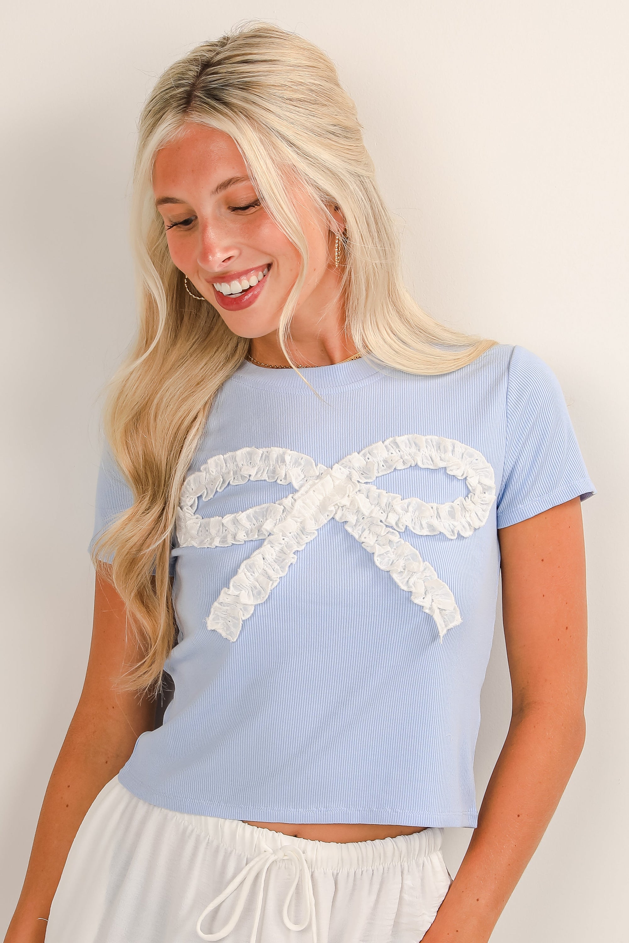 Oh So Dainty Light Blue Eyelet Lace Bow Tee - DU DEAL
