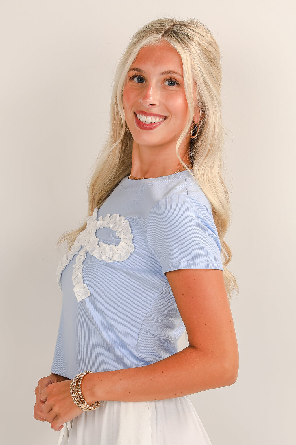 Oh So Dainty Light Blue Eyelet Lace Bow Tee - DU DEAL