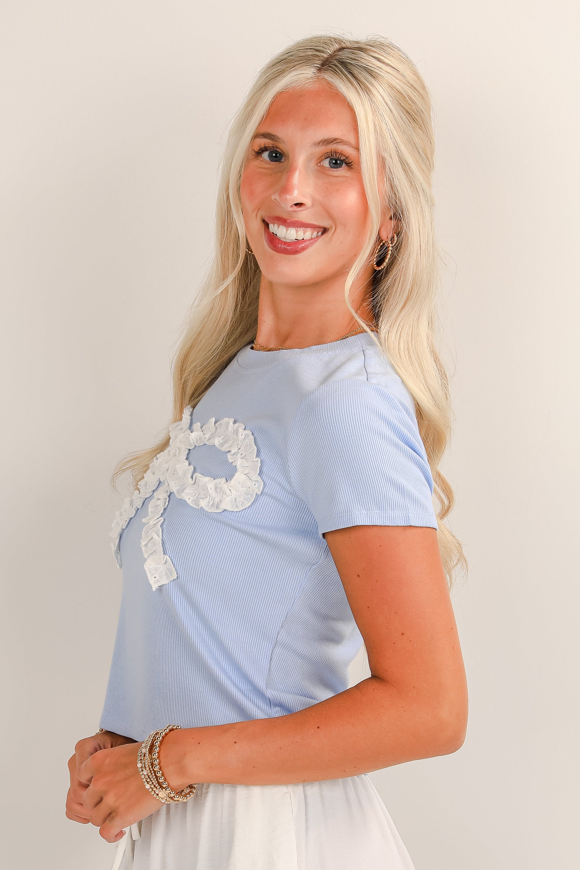 Oh So Dainty Light Blue Eyelet Lace Bow Tee - DU DEAL