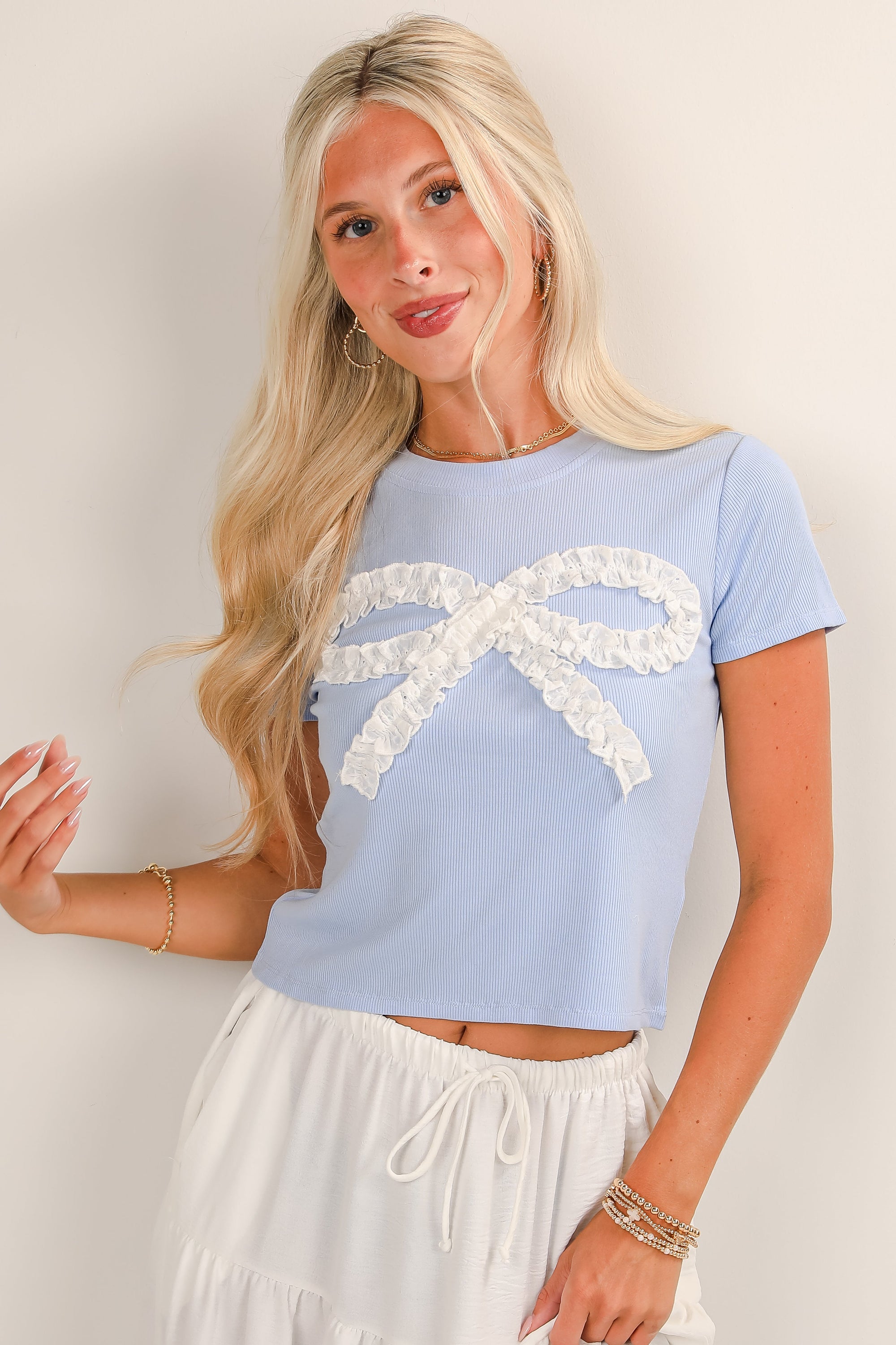 Oh So Dainty Light Blue Eyelet Lace Bow Tee - DU DEAL