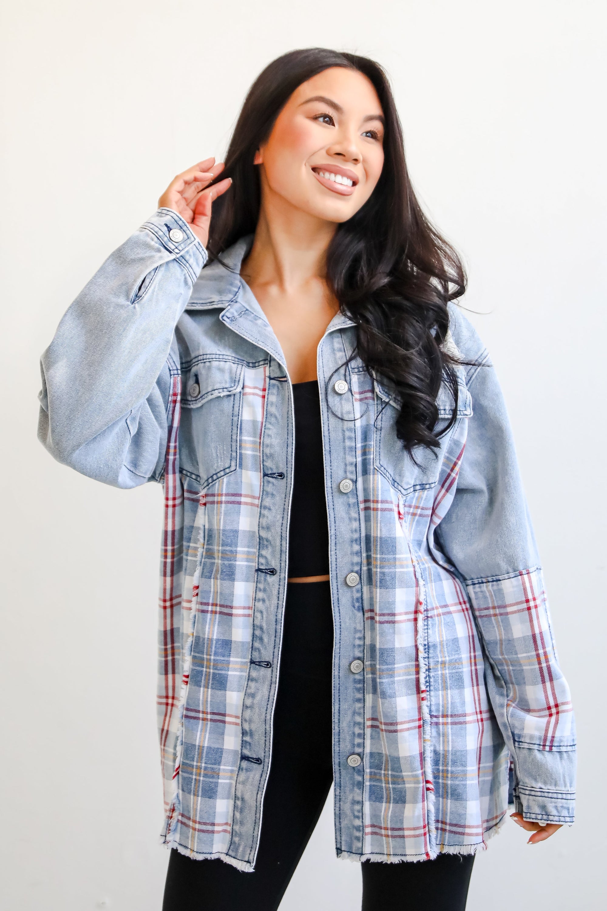 FINAL SALE - Trendy Personality Plaid Denim Shacket