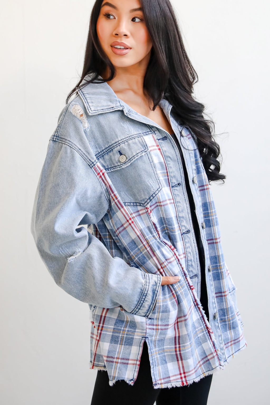 FINAL SALE - Trendy Personality Plaid Denim Shacket